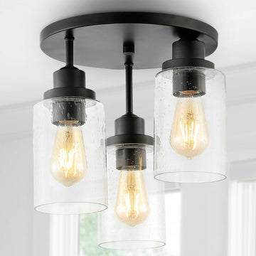 Jonah 12" Bohemian Farmhouse Iron/Seeded Glass LED Semi Flush Mount - JONATHAN Y